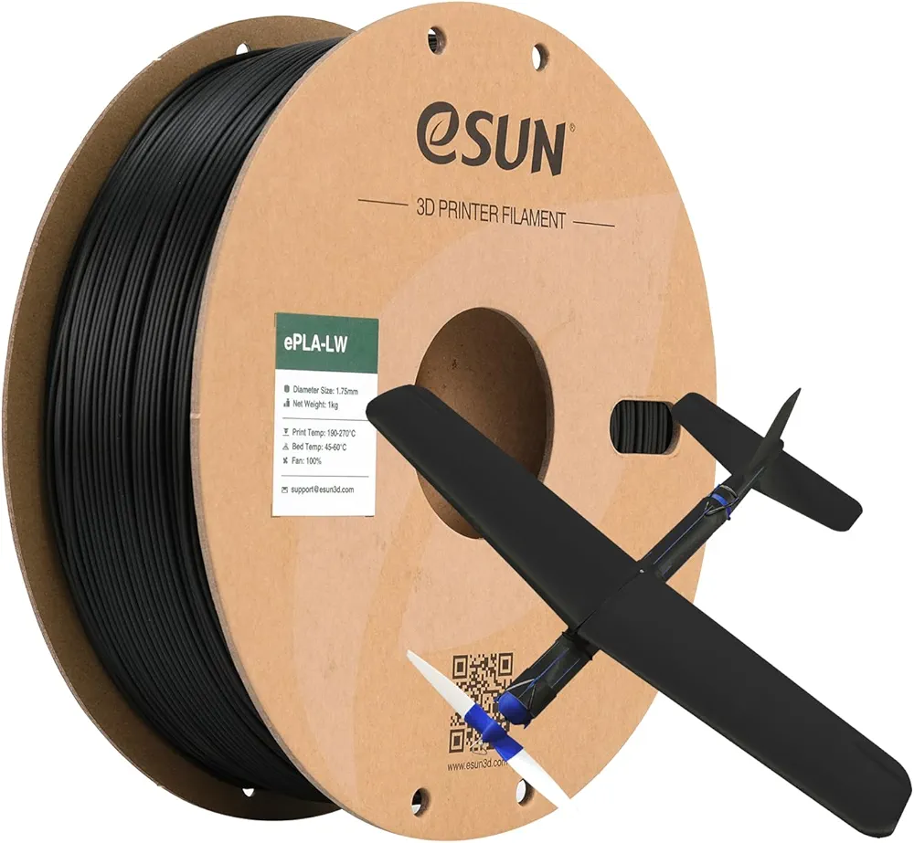 eSUN PLA LW PLA 3D Printer Filament, 1.75mm 1KG Spool Lightweight Strong Paint Adhesion Foaming PLA Filament for 3D Printers 3D Printed Airplane, Black