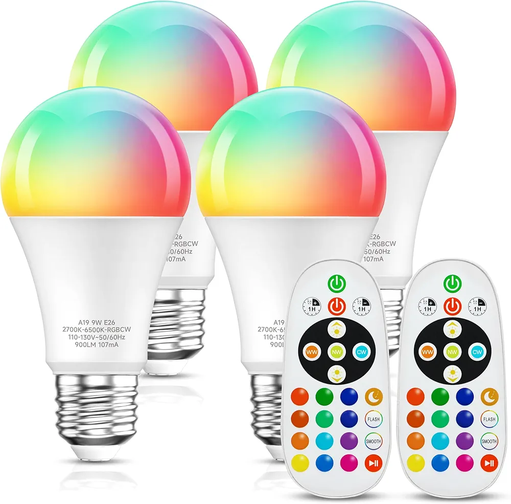 Color Changing Light Bulb, 80W Equivalent, Remote Control Light Bulbs, 900LM, RGB Light Bulbs, E26 Base, 16 Color Choices, Timing, Dimmable, Multi-Color Light Bulbs, 4 Pack