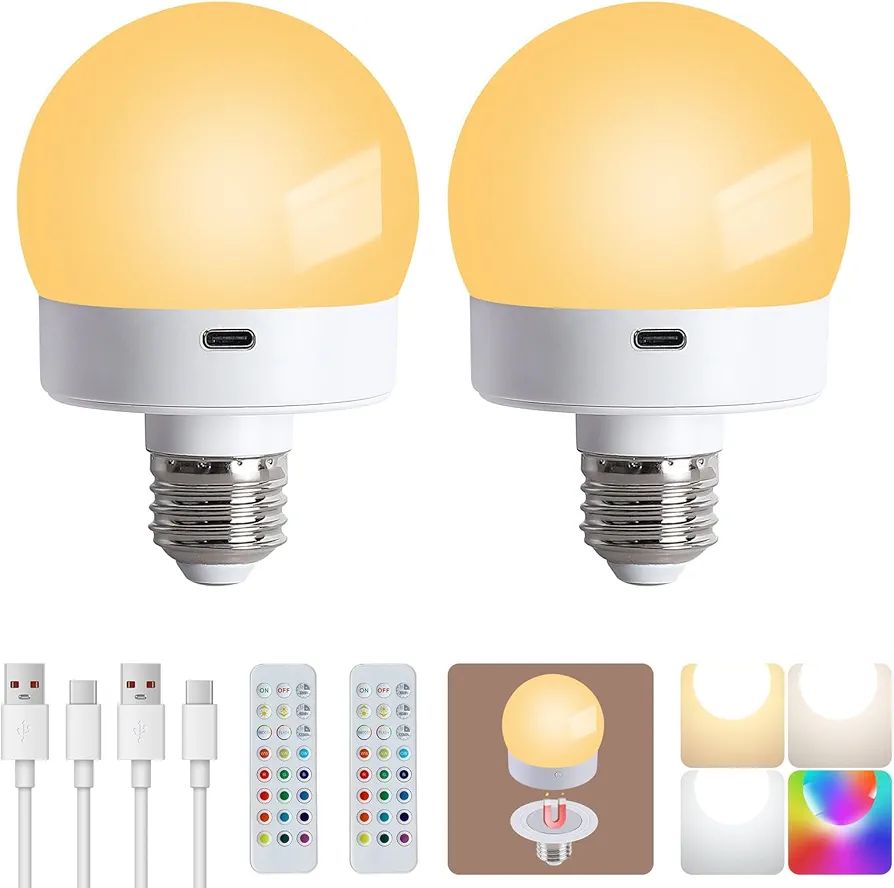 Rechargeable Battery Operated Powered Light Bulbs with Remote Control 2 Pack,Wireless Detachable Magnetic USB Charging LED Bulb, 380 LM Dimmable, 3 Colors, Timer,12 Colors Selectable Puck Lights Bulb