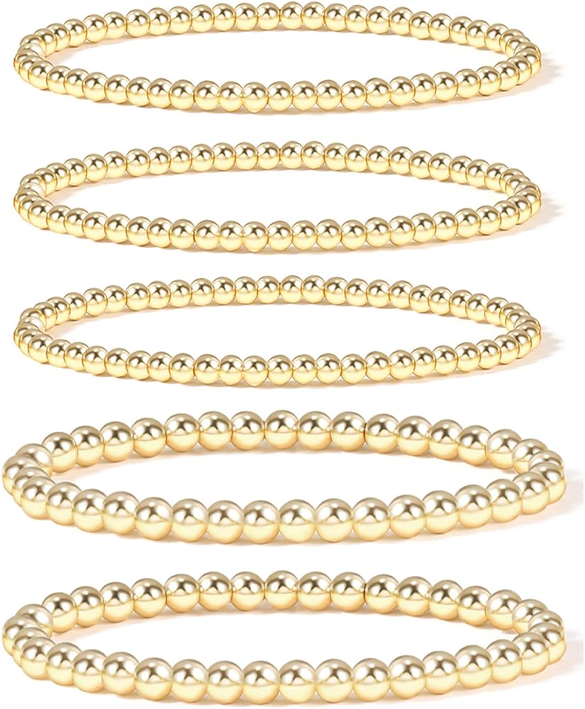Badu Gold Plate Bead Bracelet for Women 14K Gold Plated Bead Ball Bracelet Stretchable Elastic Hypoallergenic Bohemian Stackable Bracelet