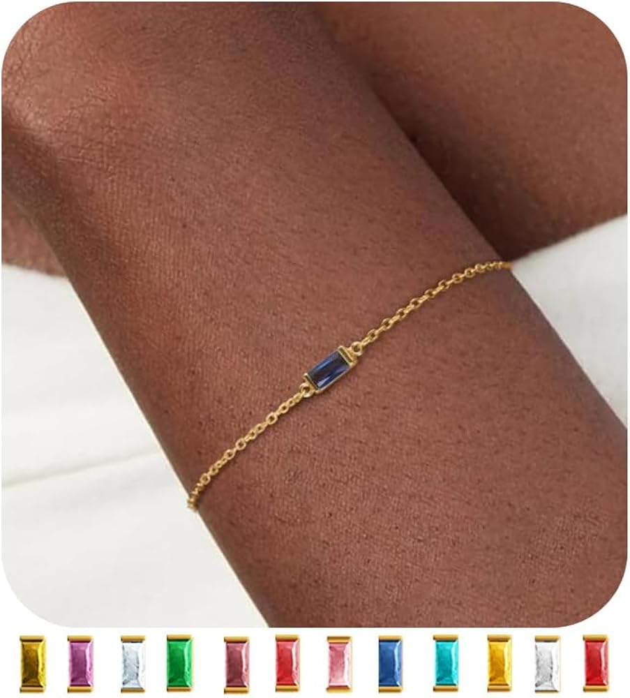 Birthstone Bracelets for women: Dainty 14k Gold Plated Bracelet for Women Trendy Simple Crystal Birthstone Charm Chain Bracelet for Women Jewelry