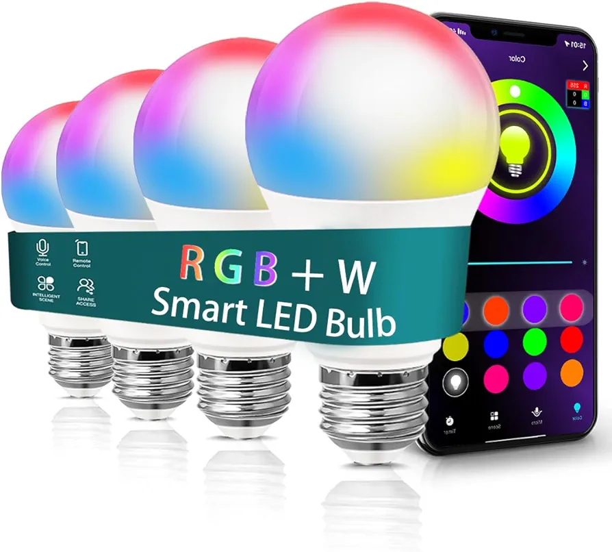 Smart Light Bulbs for Bedroom,BT Light Bulbs with AppControl RGB+Daylight (5000K) LED Color Changing Bulbs,Dimmable Music Sync,A19 E26/9W,4 Pack(Don't Support Alexa/Google/WiFi) Christmas