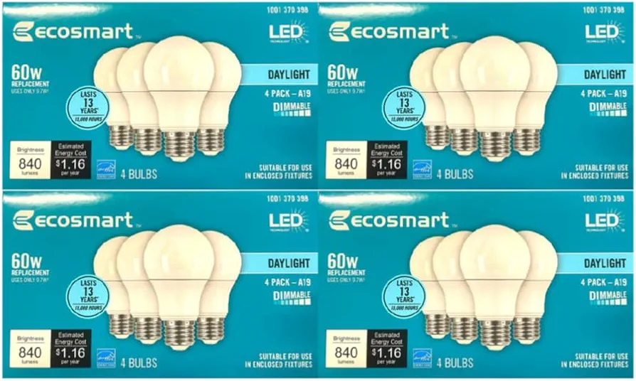 Led technology EcoSmart 60W Equivalent Daylight A19 Energy Star, Dimmable LED Light Bulb (16 Pack)