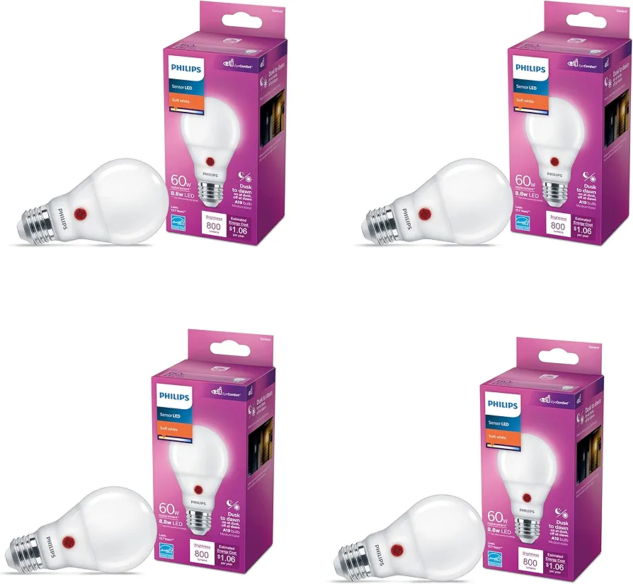 A19 Ultra Definition Frosted Dusk to Dawn Smart Light Bulbs - Flicker-Free 60w Light Bulbs with EyeComfort Technology - Soft White Lightbulb - 800 Lumen - E26 Base - 4 Pack
