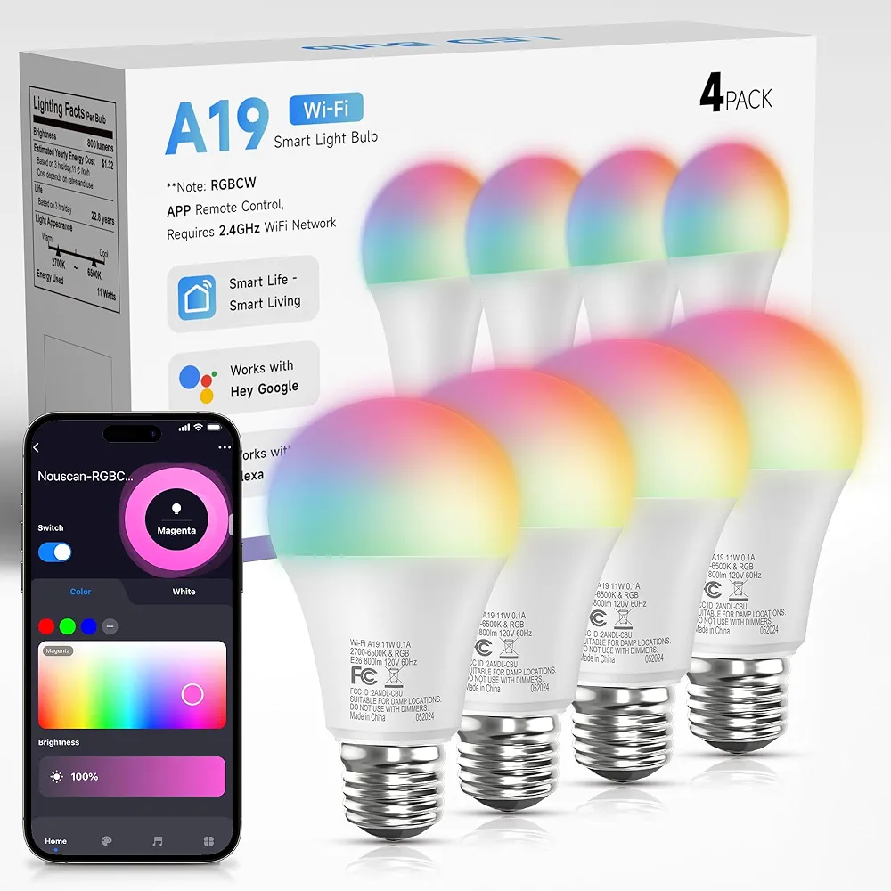 Smart Light Changing LED Bulbs: 75W Equivalent RGBWW Color Changing WiFi and Bluetooth Compatible with Alexa Google Assistant Smart Life A19 E26 Music Sync ETL Listed 4PCS