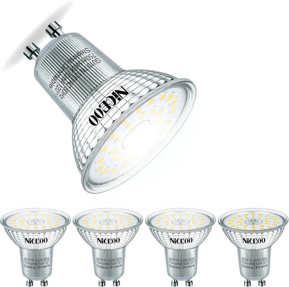 GU10 LED Light Bulb,Dimmable, 7W Equivalent 75W, Daylight White 5000K, 750lm, 25000 Hours, 120°Beam Angel, No Flicker Spotlight,Smooth Dimming, Pack of 4
