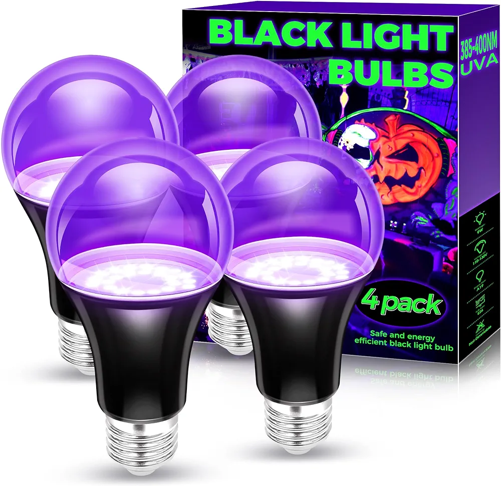 Black Light Bulbs 4 Pack, A19 LED Black Light Bulbs for Glow in The Dark 9W (100W Equivalent) E26 Base, Black Lights Party, Fluorescent Poster, Body Paint,Neon Glow