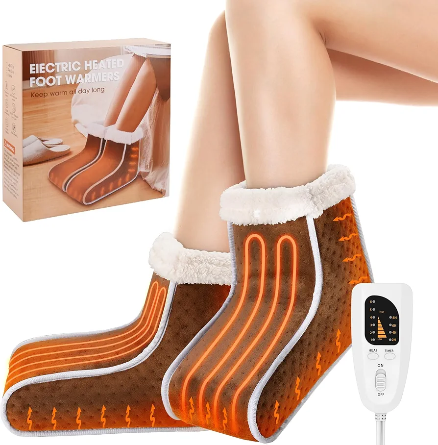 Split Electric Foot Warmer,Quick Heating Pad for Feet，Universal Size Heated Slippers for Men Women,Soft Heated Boots,Feet Warmer with Removable Washable Liner for Home,Office,Christmas. (Coffee Color)