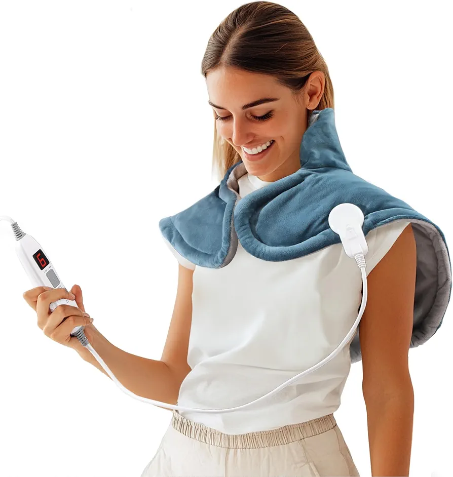 Heating Pad for Neck and Shoulders and Back, Weighted Neck and Shoulder Heating Pad for Pain Relief, Heated Wrap with 6 Heat Settings & 2H Auto-Off, Christmas Gift for Women Mom Men, 18.9"x21.7", Blue