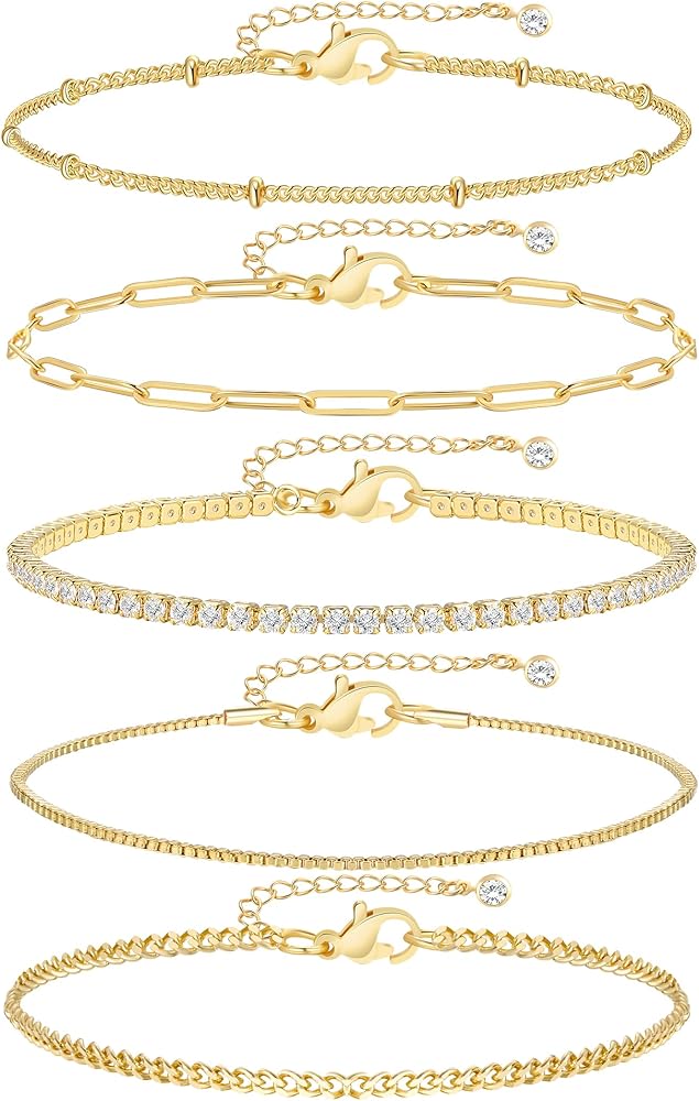 iF YOU Gold Bracelets for Women, 14K Gold Plated Stackable Bead Ball Cuban Link Paperclip Bracelets Bracelet Set, Layered Adjustable Bracelets for Women Waterproof Jewelry for Gift 5pc
