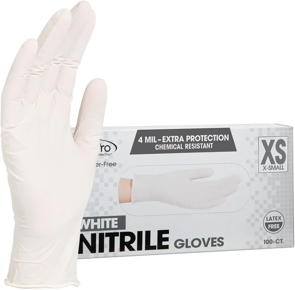 ForPro Professional Collection Disposable Nitrile Gloves, Chemical Resistant, Powder-Free, Latex-Free, Non-Sterile, Food Safe, 4 Mil, White, X-Small, 100-Count