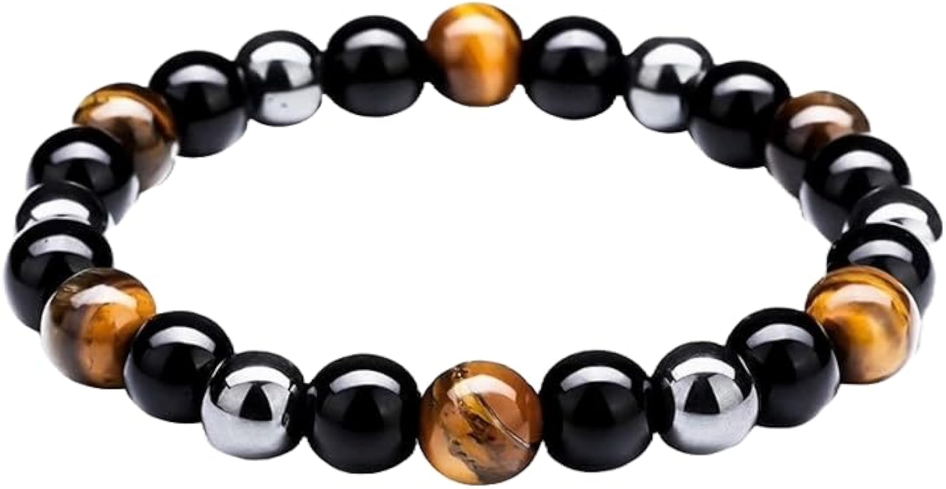 Natural black obsidian, tigers eye, hematite 8mm rondelle smooth 7inch Semi-Precious Gemstones Beaded Bracelets for Men Women Healing Crystal Stretch Beaded Bracelet Unisex