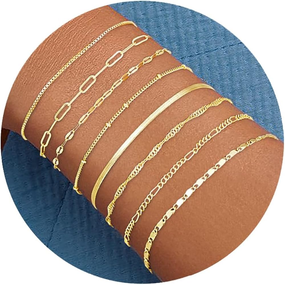 Gold Bracelets for Women, 14K Gold Plated Dainty Bracelets Set, Layered Chain Silver Bracelets Pack (Gold)