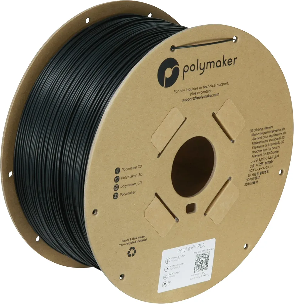 Polymaker 3kg PLA Filament 1.75mm, Black PLA 3D Printer Filament 1.75 - PolyLite 1.75 PLA Filament Black 3kg, Cost Effective Large Roll PLA 3D Printing Filament for Big Projects