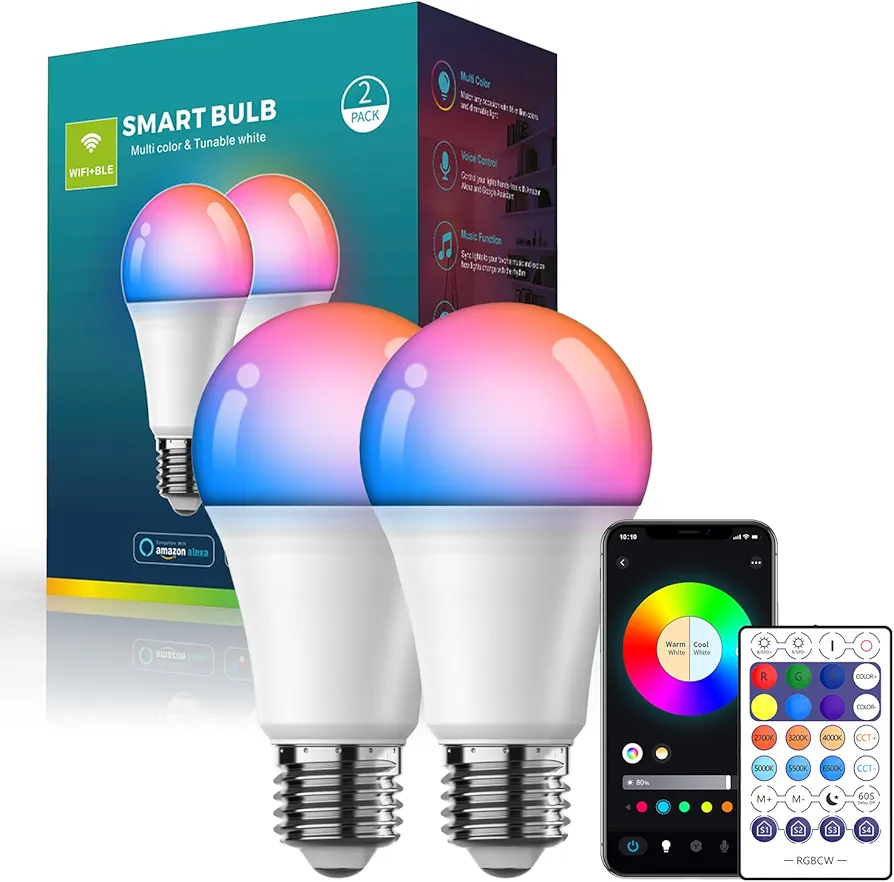 Generic Smart LED Light Bulbs, 2.4 GHz Wi-Fi, 9W, Compatible with Alexa and Google Assistant,2 Pack, with Remote Control