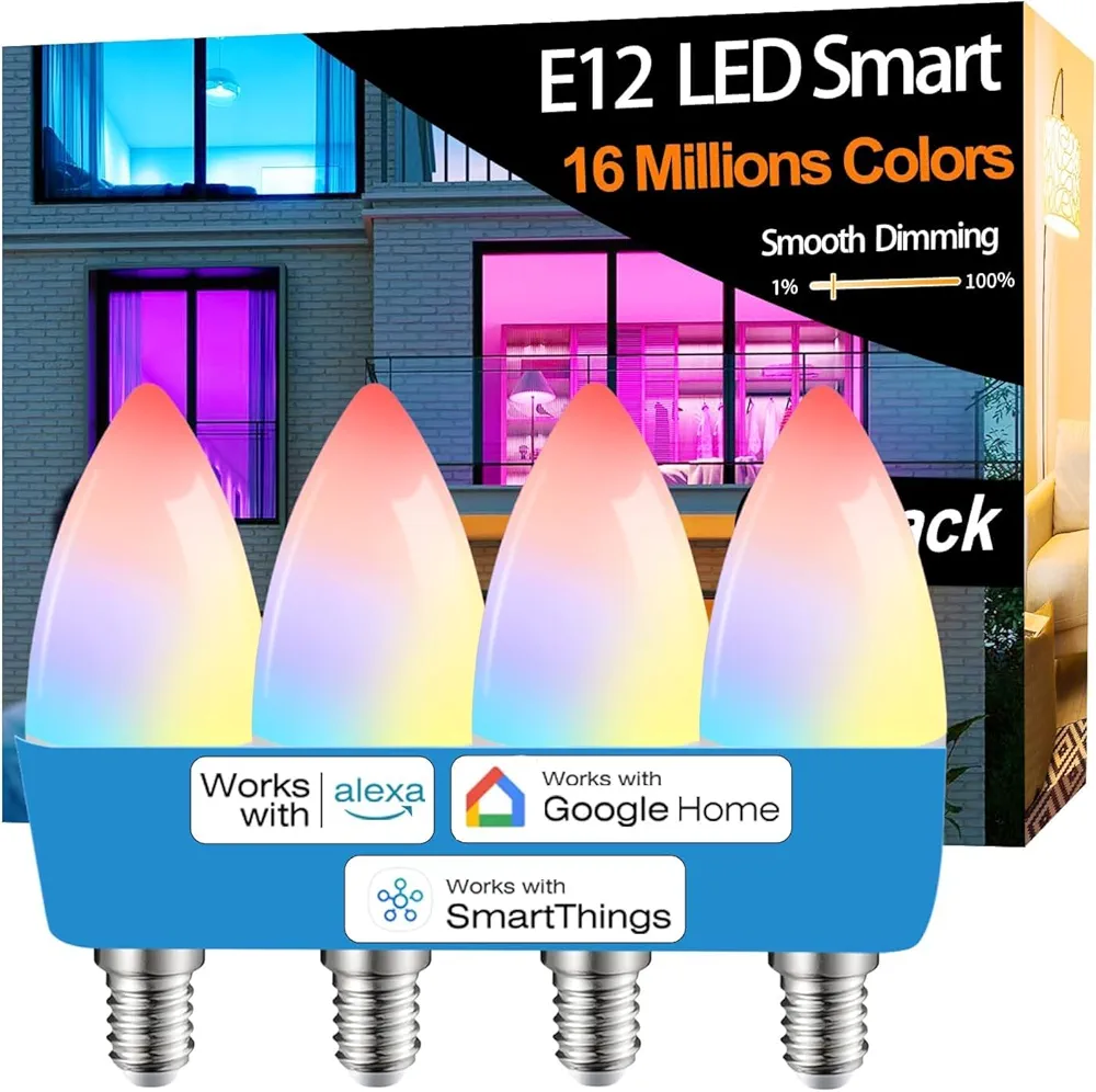 Vinaco E12 Smart Bulbs Dimmable Voice or App, 600LM 5W 16 Million Color Changing E12 Candelabra Bulb 60 watt Smart Light Bulb Compatible with Alexa/Google Assistant/Smart Life, RGB B11 LED Bulb Smart