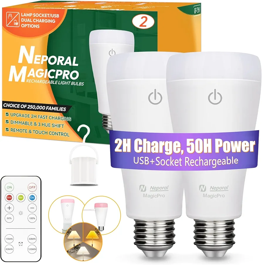 Neporal MAGICPRO Socket & USB Rechargeable Light Bulbs with Remote, 2H Fast Charge, 5-50H Battery Life, 3-Color Shifts & Dimmable, A19 9W 800LM Battery Light Bulb for Home,Wireless, Emergency Use, 2PK