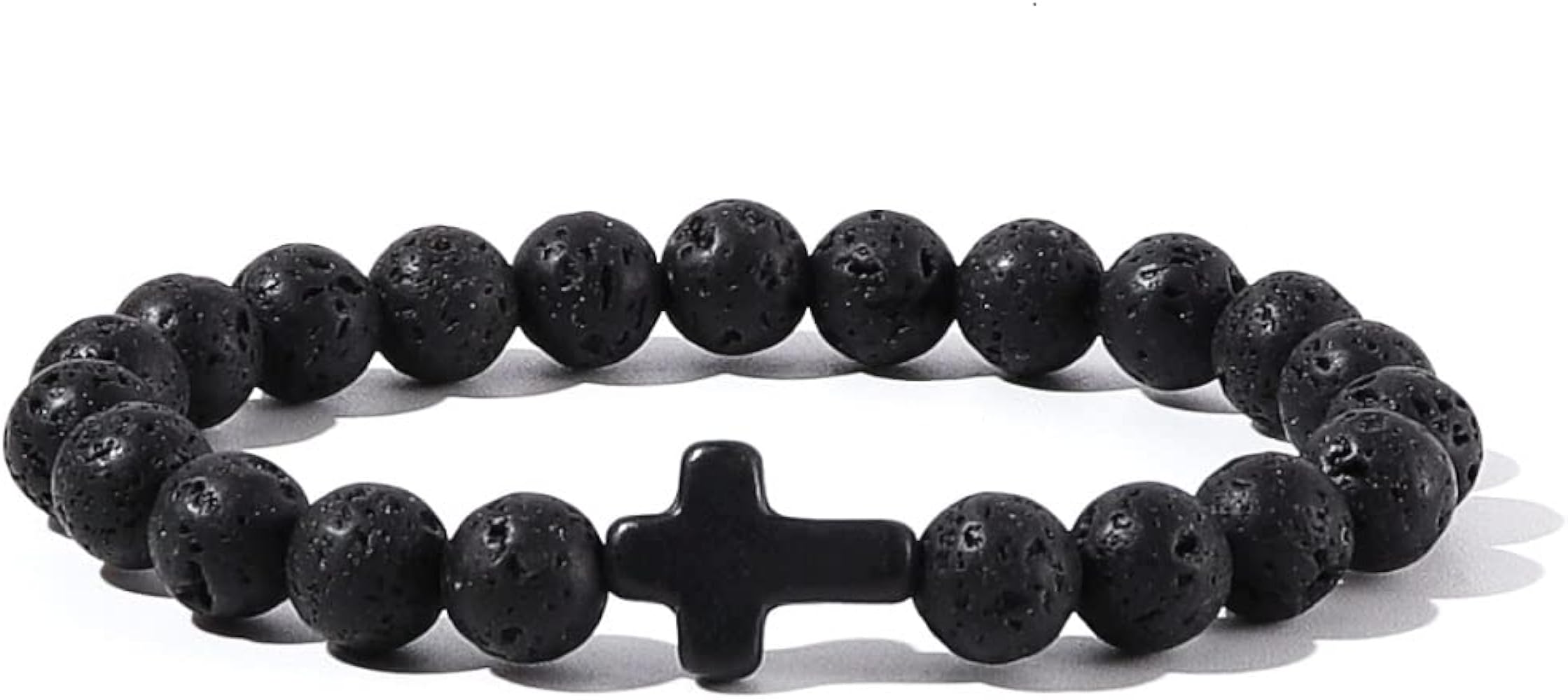 Caiyao 8MM Ornament Lava Volcanic Stone Beads Turquoise Cross Elastic Stretch Bracelet Religion Bangle for Women Men