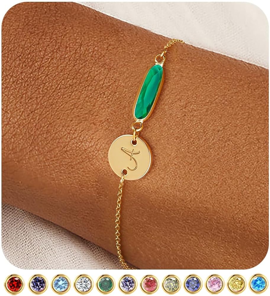 FUNEIA Birthstone Initial Gold Bracelets for Women Trendy Non Tarnish Dainty 14K Gold Plated Bracelet Stack Cute Cursive Letter Stackable Bracelets Gold Jewelry Birthday Gifts for Women Bridesmaid