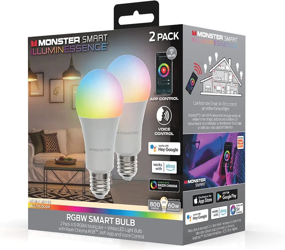 Monster Multi-Color and Warm-White LED Light Bulb, 16,000,000 Lighting Possibilities, Customizable with App, Compatible with Alexa/Siri/Google Assistant, Wi-Fi Enabled, 2-Pack, 9 Watt
