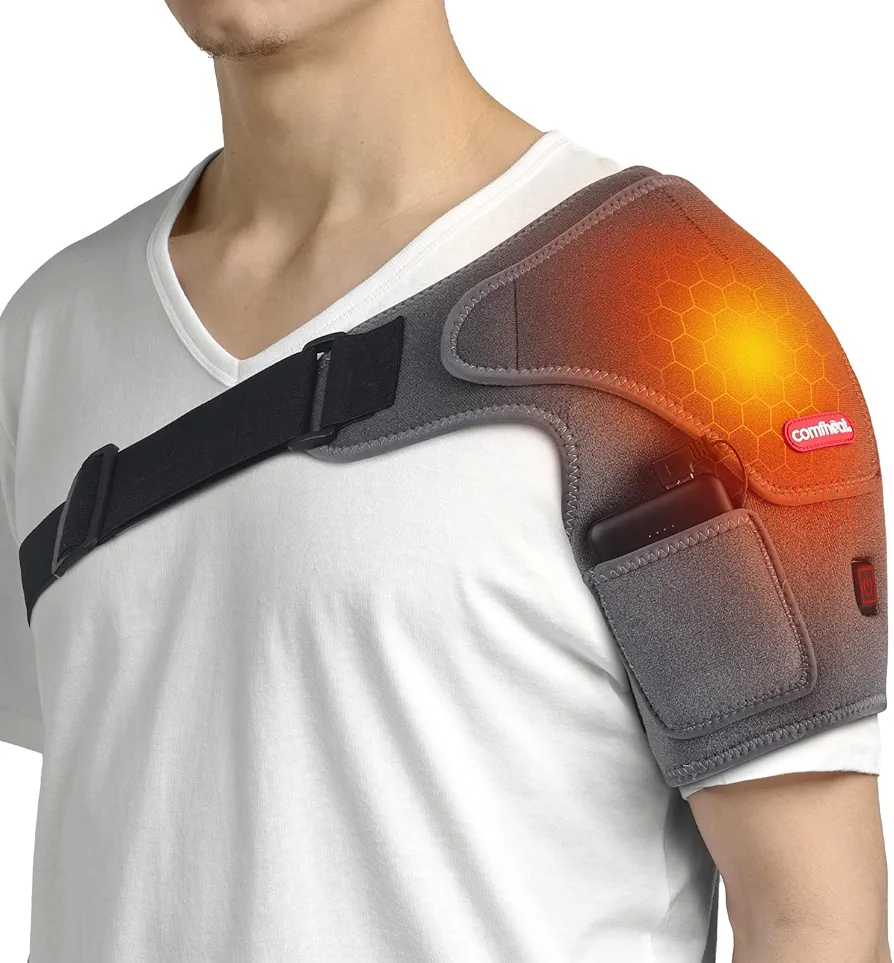 Portable Shoulder Heating Pad for Frozen Shoulder Rotator Cuff Pain Relief, Heated Shoulder Wrap Brace 5000mAh Power Bank Included, 3 Heat Settings, Easy Wear Fits Men & Women (S to L)