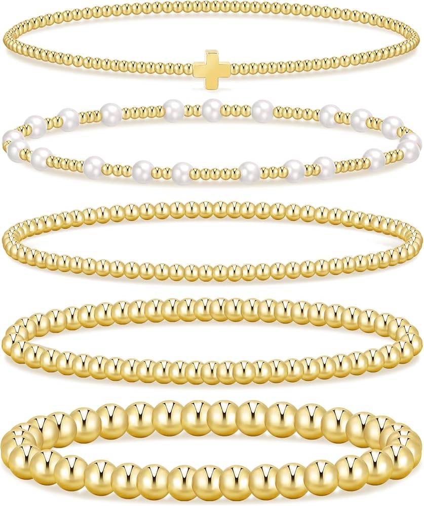 iF YOU Gold Beaded Bracelets for Women, 14K Gold Plated Pearl Bead Bracelets Stack, Trendy Stackable Stretch Ball Bracelet Set Jewelry