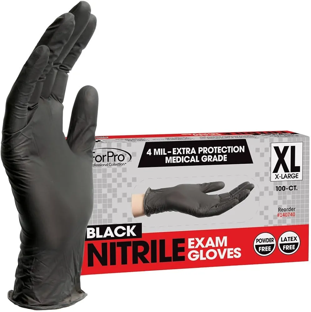 ForPro Disposable Nitrile Exam Gloves, Medical Grade, 4 Mil Extra Protection, Powder-Free, Latex-Free, Non-Sterile, Food Safe, Black, X-Large, 100-Count