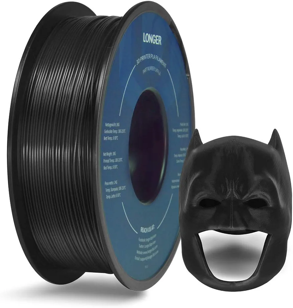 Longer PLA 3D Printer Filament, 1.75mm PLA Filament, Dimensional Accuracy +/- 0.03 mm, 1kg Spool, Black