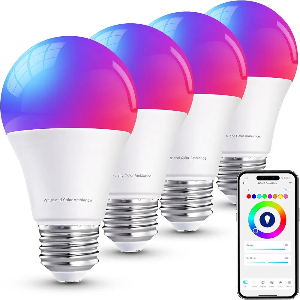 Brizled Smart Light Bulbs, Color Changing Light Bulb, RGBWW LED Light Bulbs App Control, E26 A19 Dimmable Smart Bulb Work with Alexa Google Home, 2.4Ghz WiFi Light Bulb, Music Sync, 9W, 806 LM, 4 Pack