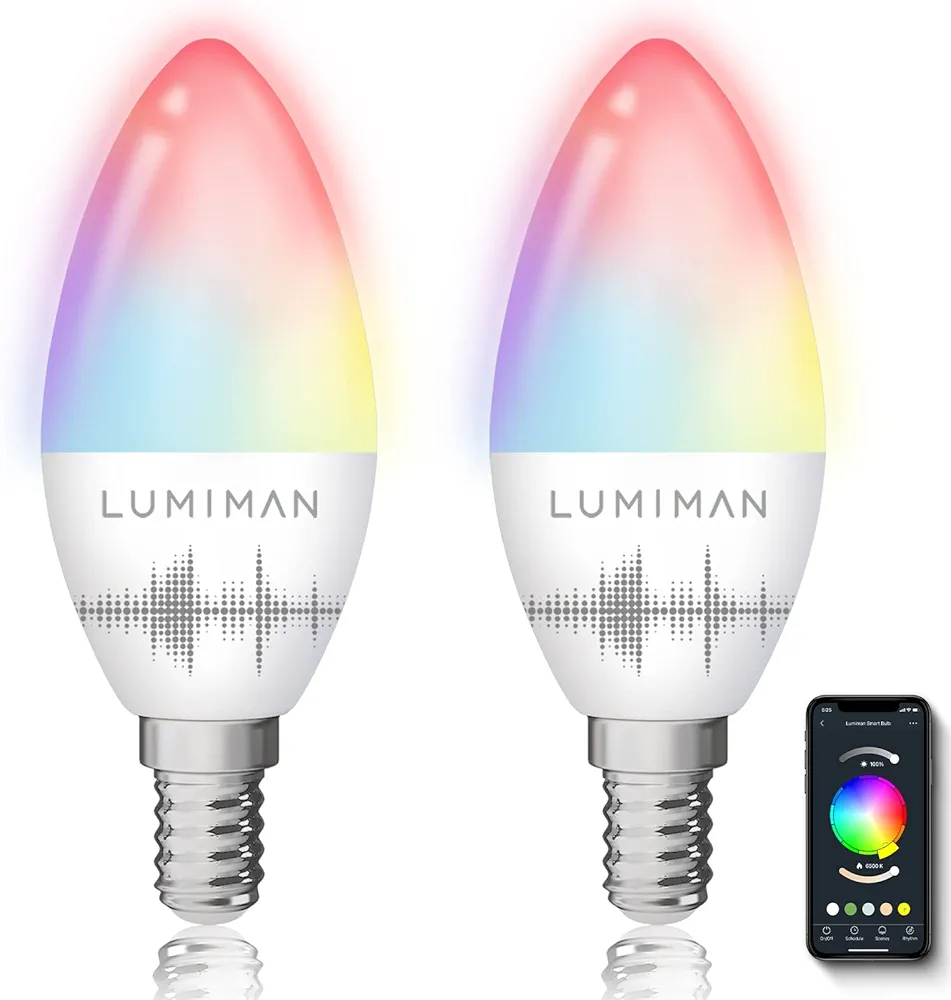 LUMIMAN Candelabra Smart Bulb E12 LED Smart Light Bulbs 2.4G WiFi RGB Color Changing Bulb Work with Alexa Google Home Music Sync Tunable White APP Controls 5W 400lm No Hub Required 2 Pack