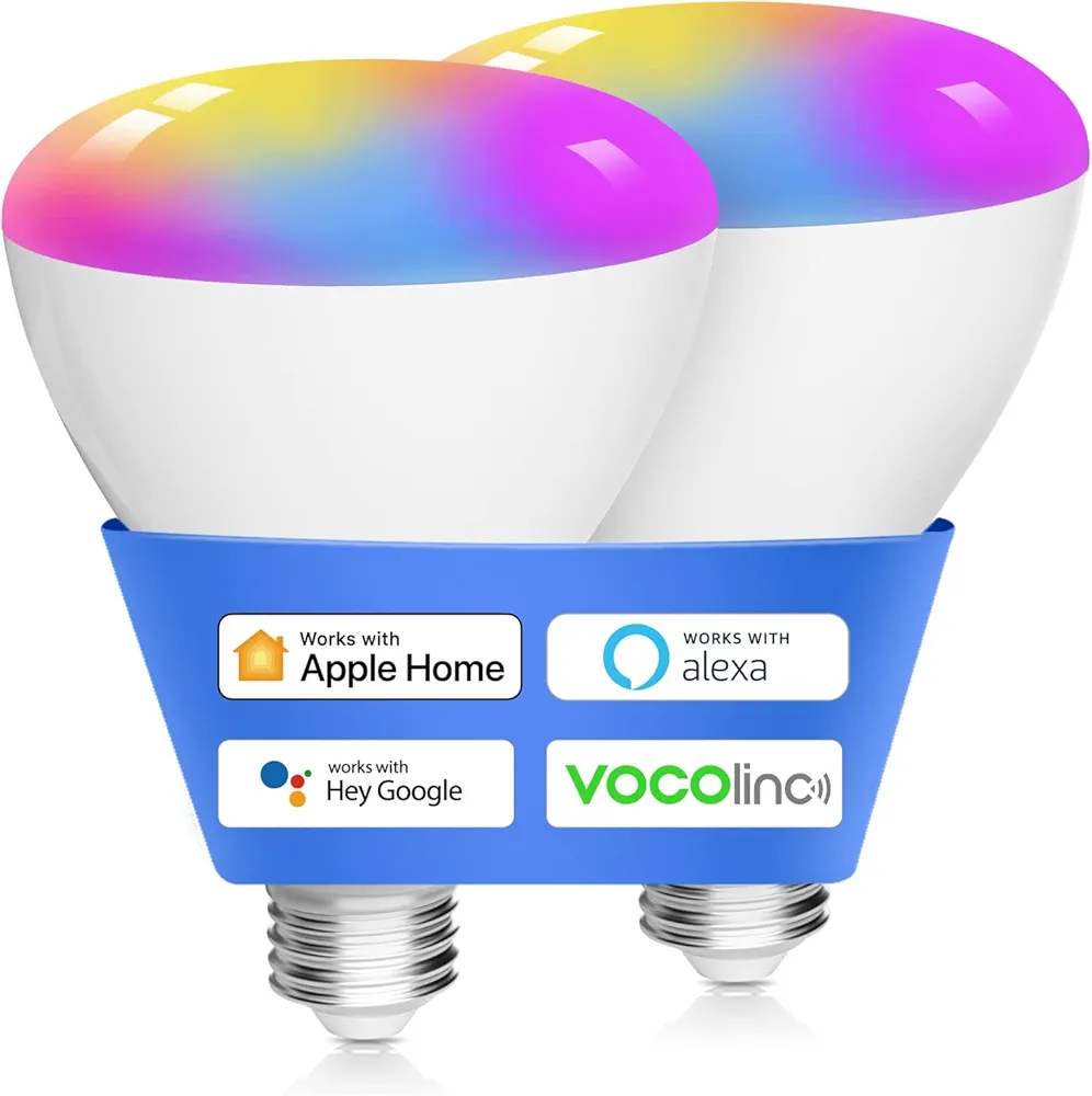 VOCOlinc Smart Light Bulbs, BR30 Flood WiFi LED Bulb, RGBW Color Changing Light Bulb Works with Alexa, Apple Homekit and Google Home, 2200K-7000K Dimmable, 800 Lumens 9.5W (60W Equivalent) E26, 2 Pack