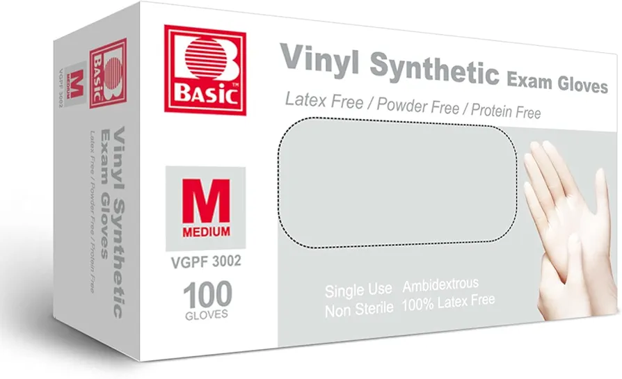 Basic Vinyl Exam Glove Latex Free Powder Free Medical Disposable Gloves VGPF3002 Box of 100 (Clear, Medium)