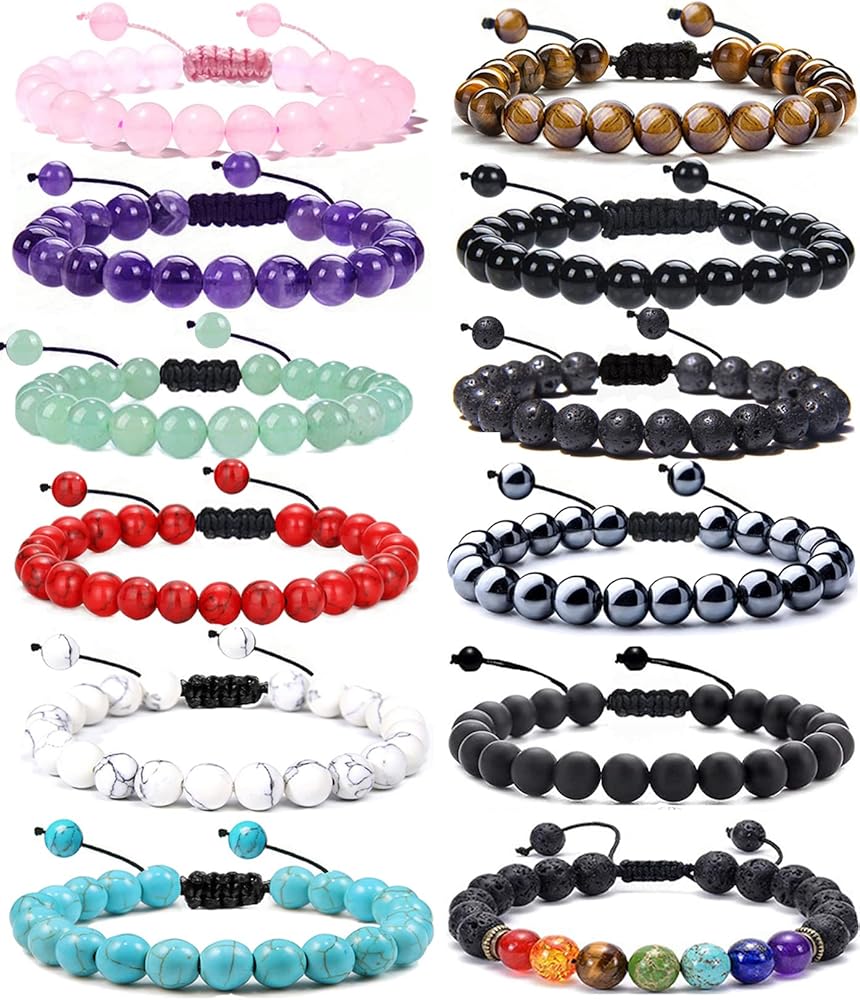 12Pcs 8mm Stone Beads Bracelets for Women Men Semi-precious Gemstone Crystal Beaded Bracelets Lava Rock Tiger Eye Amethyst Chakra Bracelets Unisex Adjustable
