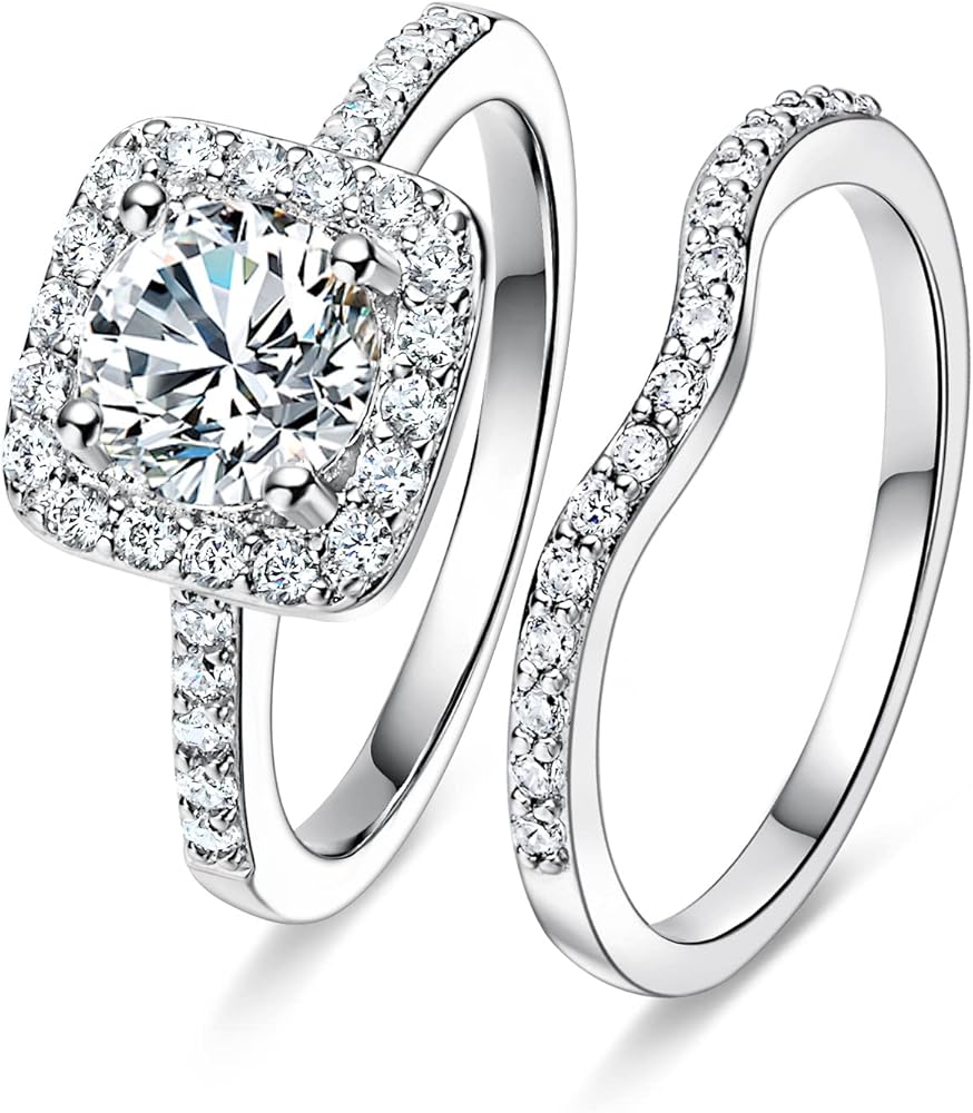 MDFUN 18K White Gold Plated Cubic Zirconia Two-in-One Halo Wedding Engagement Promise Eternity Ring for Women