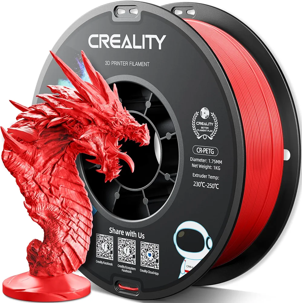 Official CR PETG 3D Printer Filament 1.75mm 1KG (2.2lbs), High Precision Strong Toughness, Odorless Better Flow Moistureproof 3D Printing Ender Filament(Red)