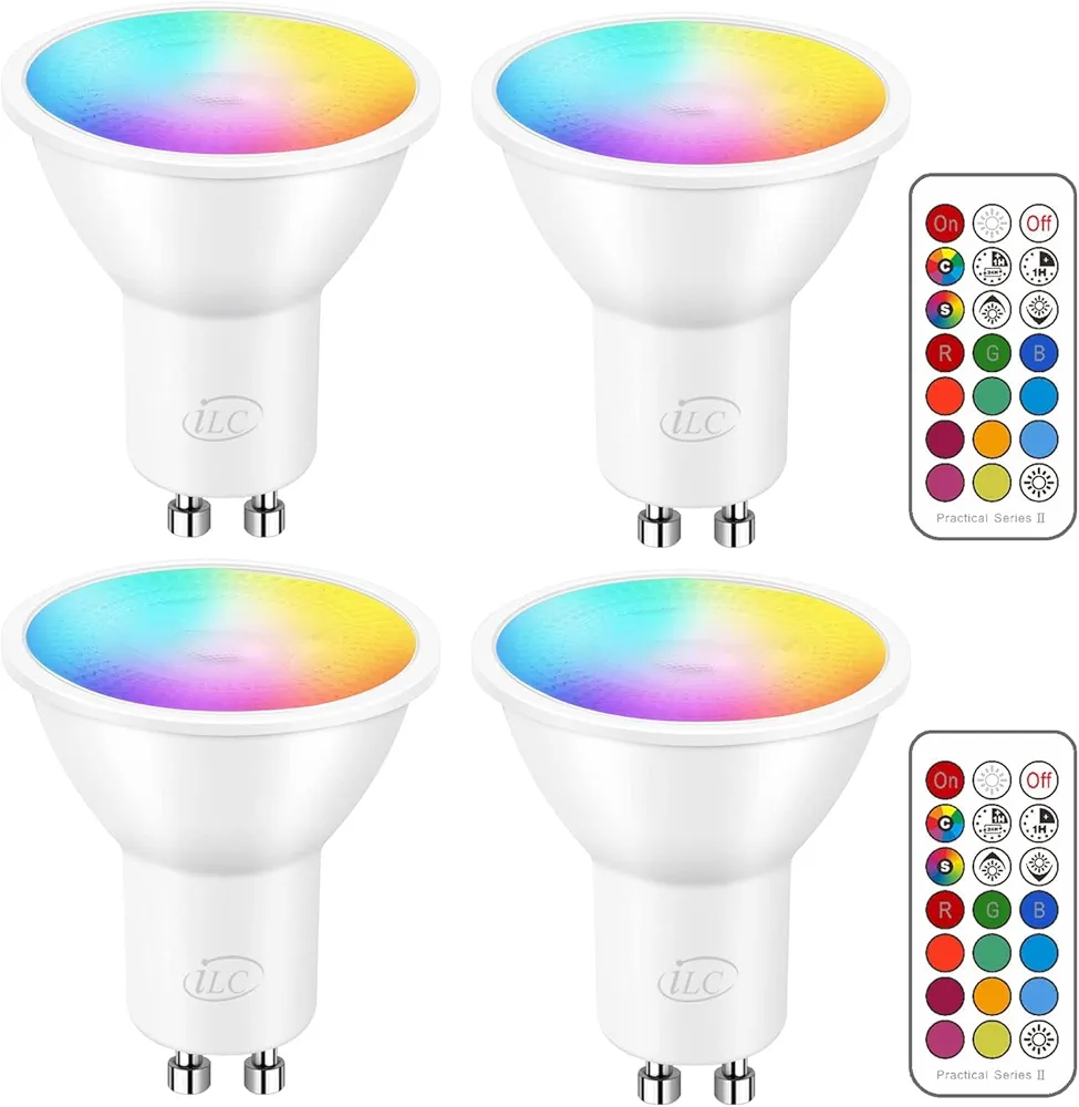 ILC GU10 LED Light Bulb, 40 Watt Equivalent Color Changing 12 Colors 5W Dimmable Warm White 2700K RGB LED Light Bulbs with Remote Control (Pack of 4)