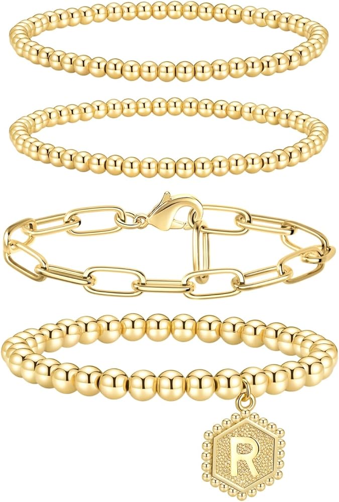 doubgood Gold Beaded Bracelets for Women, Stackable Gold Bracelets for Women 14K Real Gold Plated Stretch Bead Ball Bracelet with Letter Pendant