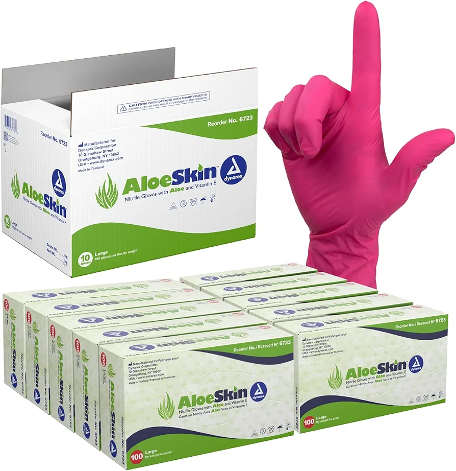 Dynarex AloeSkin Nitrile Exam Gloves with Aloe, Powder-Free, Disposable Gloves with Aloe Vera for Dry Hands, Magenta, Large, 1 Case of 1000 Gloves - 10 Boxes of 100 Gloves