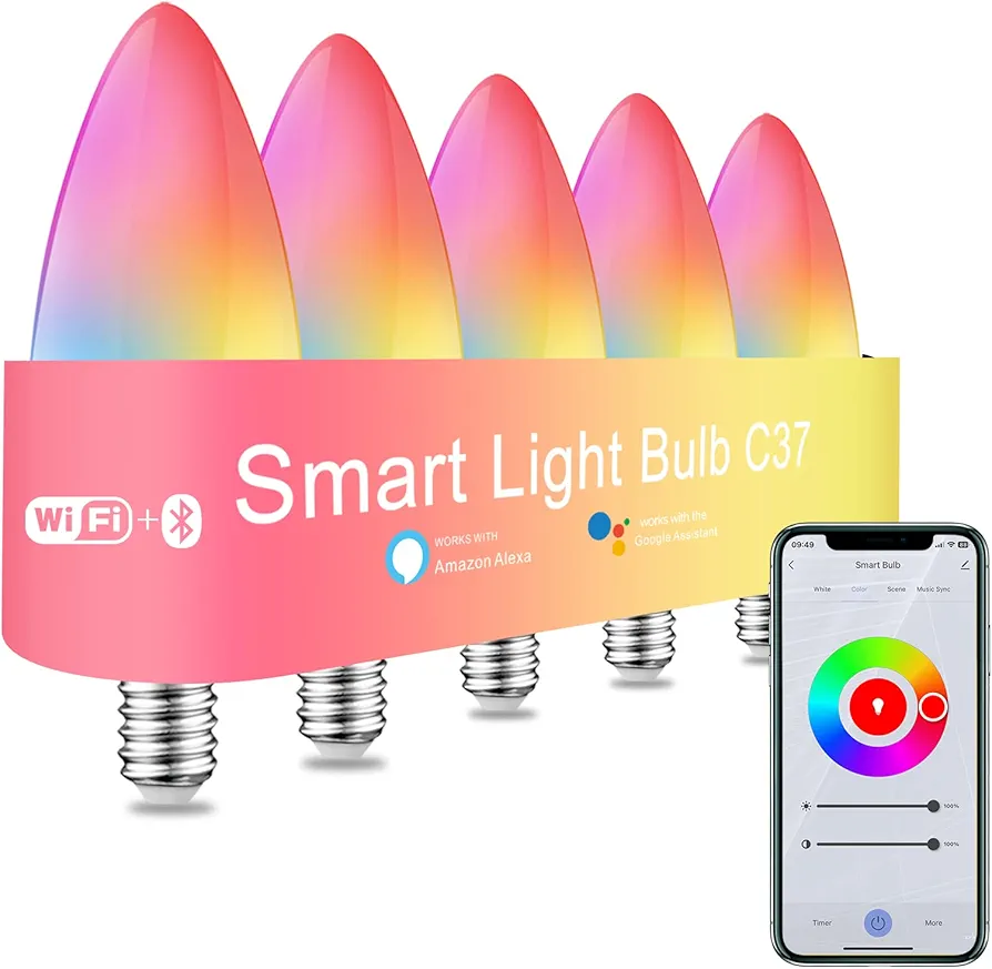 Smart Light Bulbs E12 RGB+CCT Led WiFi+Bluetooth Smart Bulbs 300lm 40W Equivalent Multicolor and Dimmable, Halloween light bulbs Work with Alexa Google Smart Things WiFi(2.4GHz) No Hub Required 5Pack