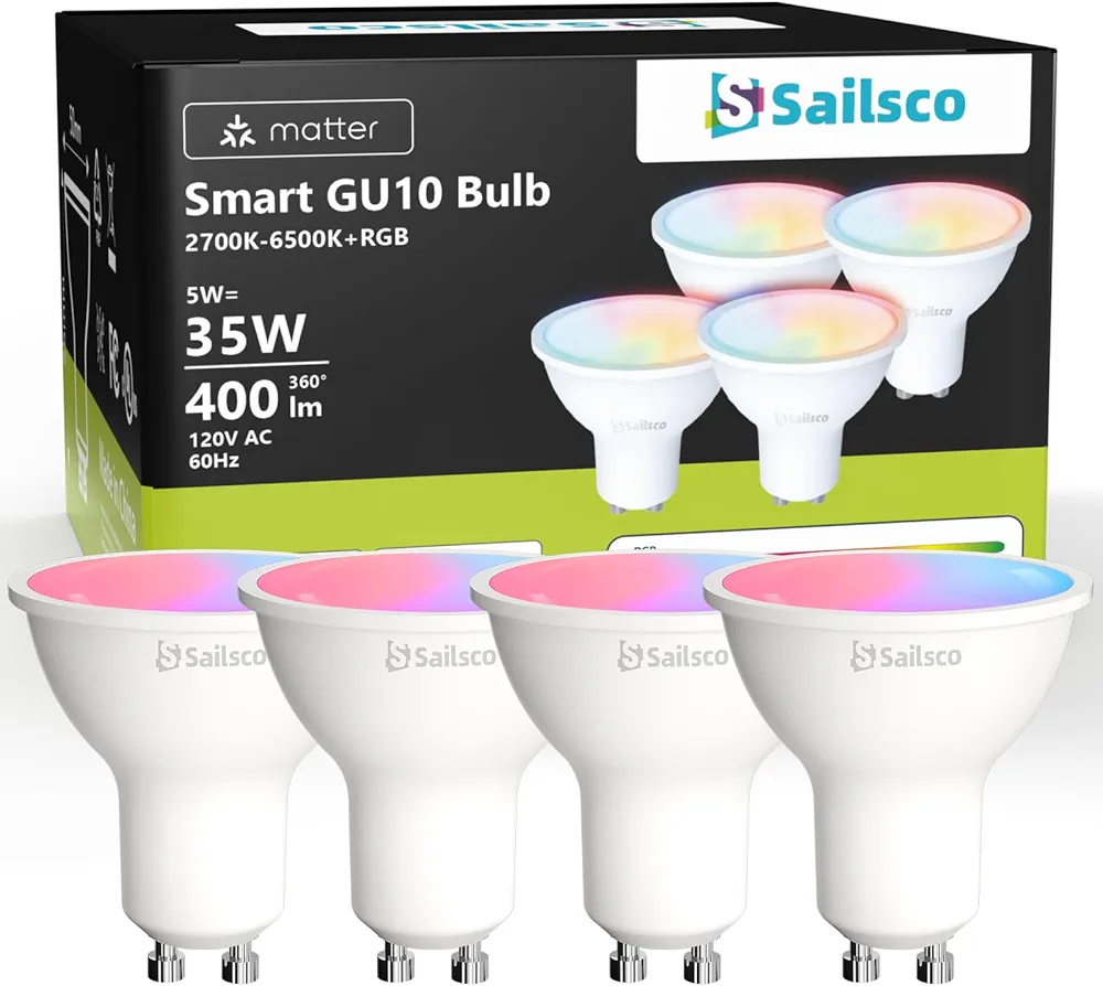 Matter Smart Light Bulbs,WiFi Smart Bulbs Work with Alexa/Google Home/Smart Life,RGBCW Color Changing LED Light Bulbs Music Sync,GU10 35W 400LM,2.4Ghz WiFi Only,No Hub Required,4 Pack