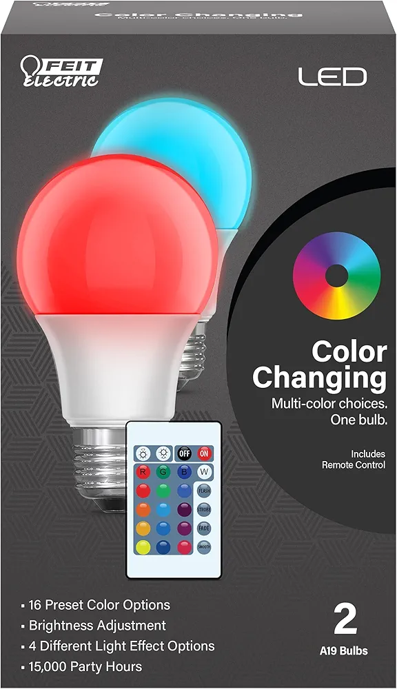 Feit Electric A19 LED Party Light Bulbs, Color Changing, Remote Control, 5 Watts, E26 Standard Base, 80 CRI, 120V, 13 Years Lifetime, Damp Rated LED Bulbs, 2 Pack, A19/RF/PARTYLED/2