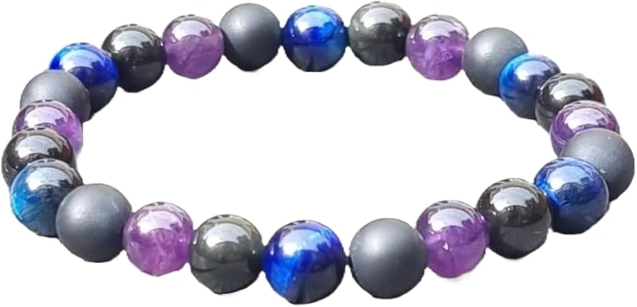 WWG Amethyst, Blue Tigers Eye, Obsidian & Black Agate 10mm rondelle smooth 7inch Natural Gemstones Beaded Bracelets for Men Women Healing Crystal Stretch Beaded Bracelet Unisex