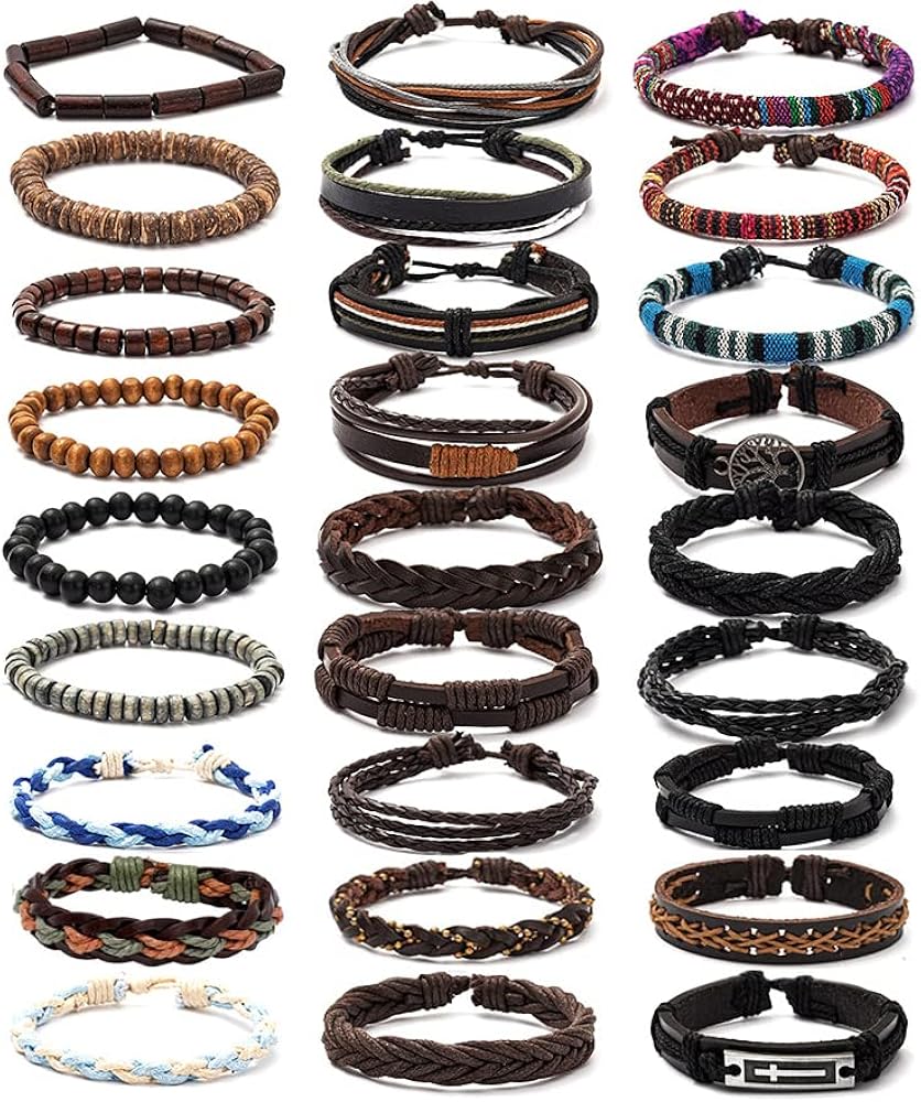 FIRAZIO 27Pcs Braided Leather Bracelets for Men Women Wrap Wood Beads Cuff Bracelet Hemp Cords Ethnic Tribal Handmade Wrap Wristband Bracelets Set Adjustable
