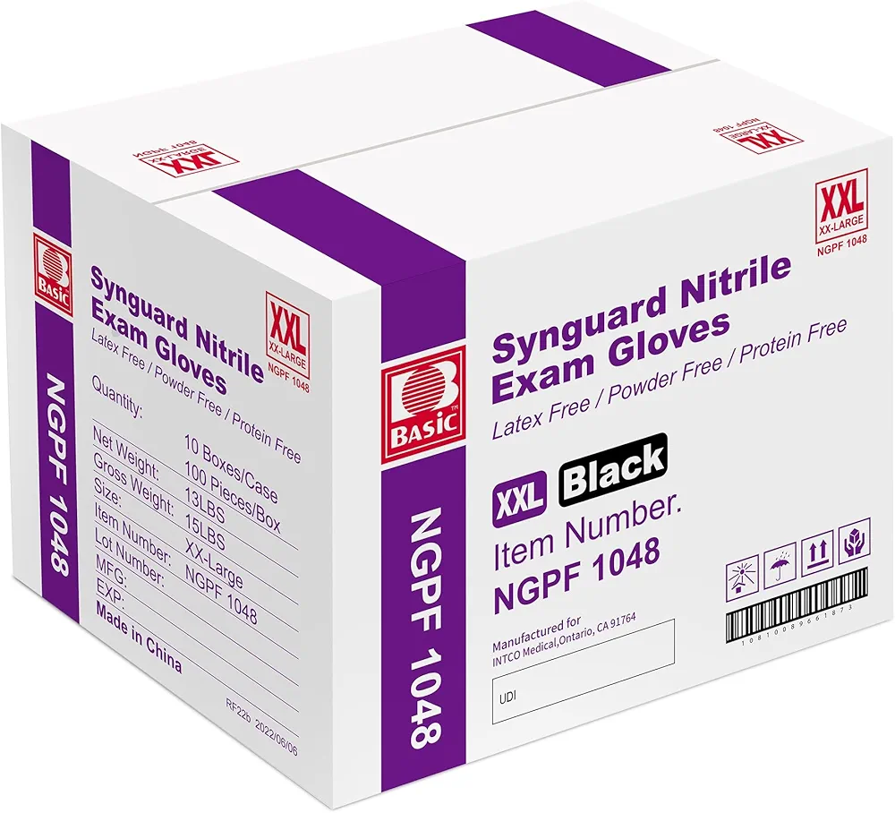 Basic Medical Black Nitrile Exam Gloves - 5 Mil - Latex-Free & Powder-Free - NGPF-1048 (Case of 1,000), XXL, XX-Large