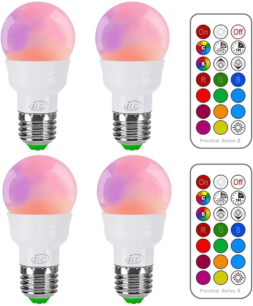 ILC RGB LED Light Bulb, Color Changing 40W Equivalent, Daylight White, 450LM Dimmable 5W E26 Screw Base RGBW, Mood Light Bulb - 12 Color Choices - Timing Infrared Remote Control Included (4 Pack)