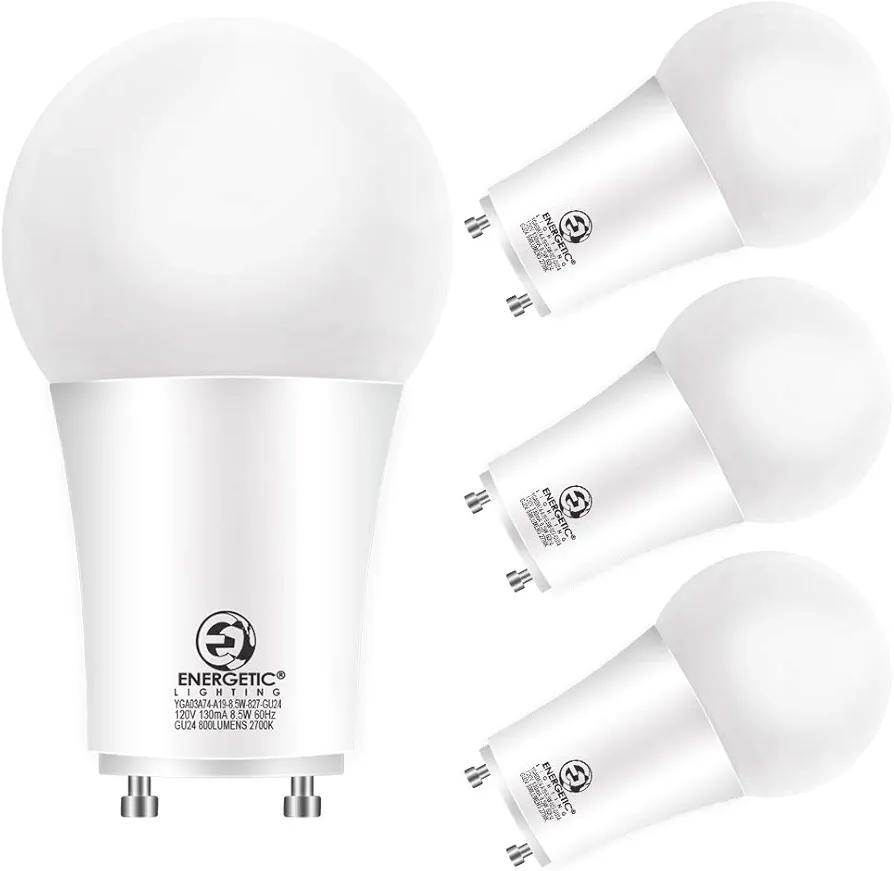 Energetic LED GU24 Light Bulbs, A19 Shape, 60 Watt Equivalent (8.5W), 2700K Soft White, 800 Lumens, Non-Dimmable, 2 Prong Twist and Lock Base, UL Listed, 4 Pack