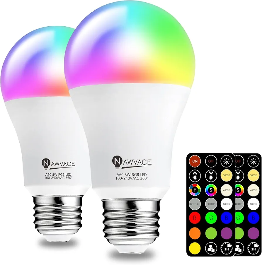 LED Color Changing Light Bulb with Remote Control, 60W Equivalent RGB Bulbs, 8W Dimmable E26 A19 2700K-6000K Warm White Indoor/Outdoor Colored Light Bulbs for Bedroom, Living Room, 2-Pack