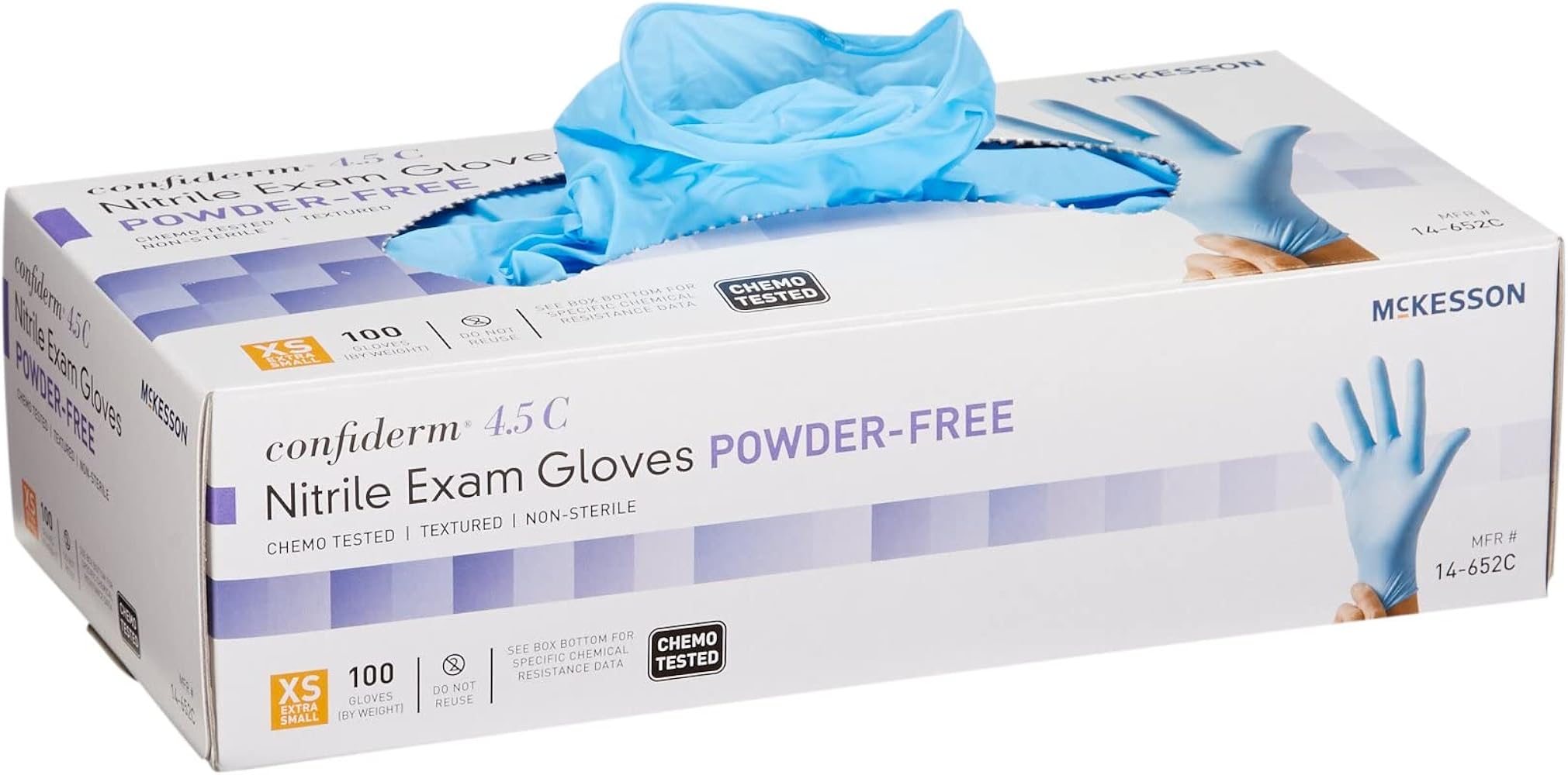 McKesson Confiderm 4.5C Nitrile Exam Gloves - Powder-Free, Latex-Free, Ambidextrous, Textured Fingertips, Chemo Tested, Non-Sterile - Light Blue, Size XS, 100 Count, 1 Box