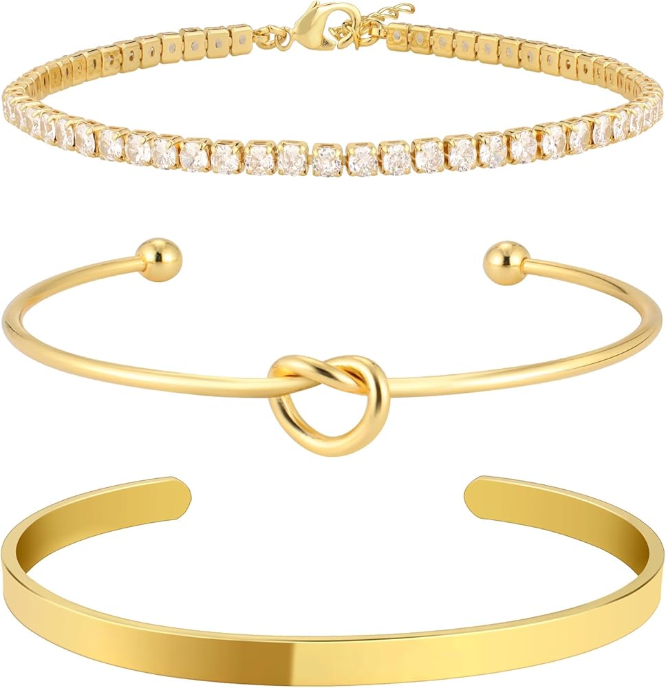 Gold Bangle Cuff Knot Bracelet for Women Stack Non Tarnish 14k Gold Plated Dainty Cubic Zirconia Tennis Bracelets Jewelry Set for Women Trendy