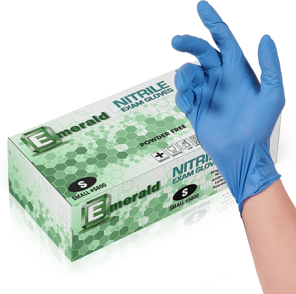 Emerald -100 Pack- Nitrile Medical Exam Gloves, Latex Free, Powder Free, Blue, Size: Small